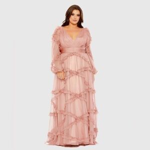 *Flawed Mac Duggal 68425 NWT Flawed Pink V Neck Ruffle Tiered Puff Sleeve Gown